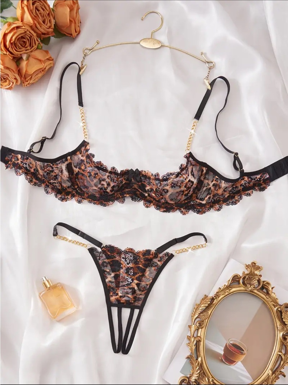 Leopard Lace Underwire Bra & Strappy Thong Set - Black & Brown